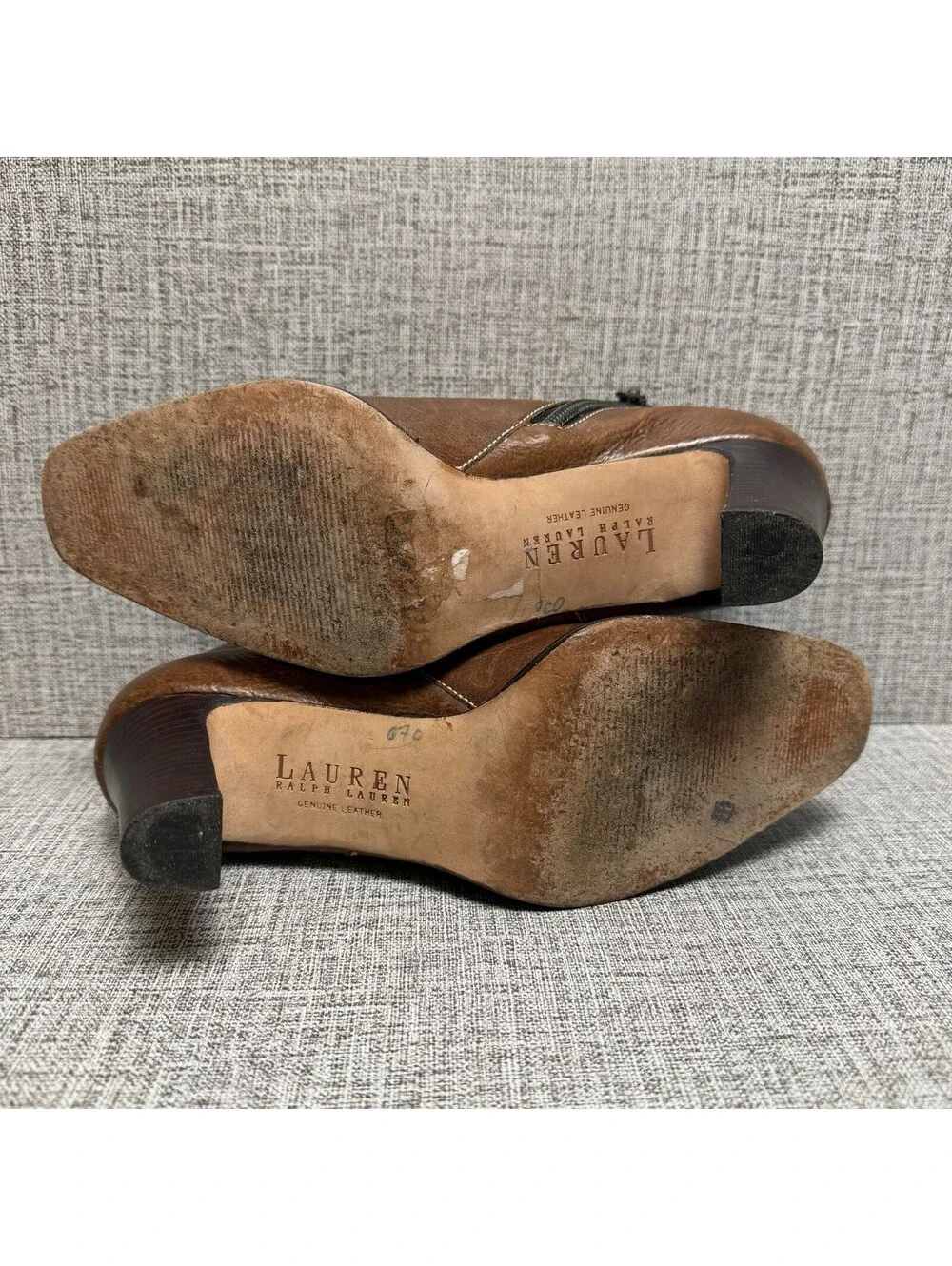 RALPH LAUREN Boots Womens Sz 7.5 Brown Leather Lenora Zip Ankle Heels BRAZIL
